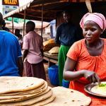 A vibrant street food scene in Kampala, Uganda. Focus on matoke being prepared and a "Rolex" (chapati with egg and veggies) being sold. Capture the energy and colors of the market.