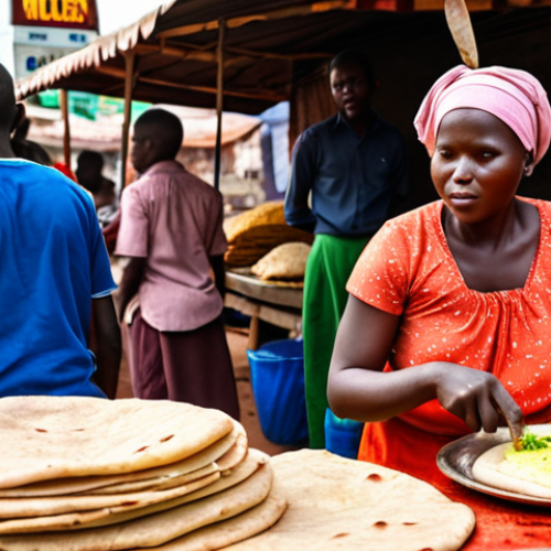 Home 11 A vibrant street food scene in Kampala, Uganda. Focus on matoke being prepared and a "Rolex" (chapati with egg and veggies) being sold. Capture the energy and colors of the market.