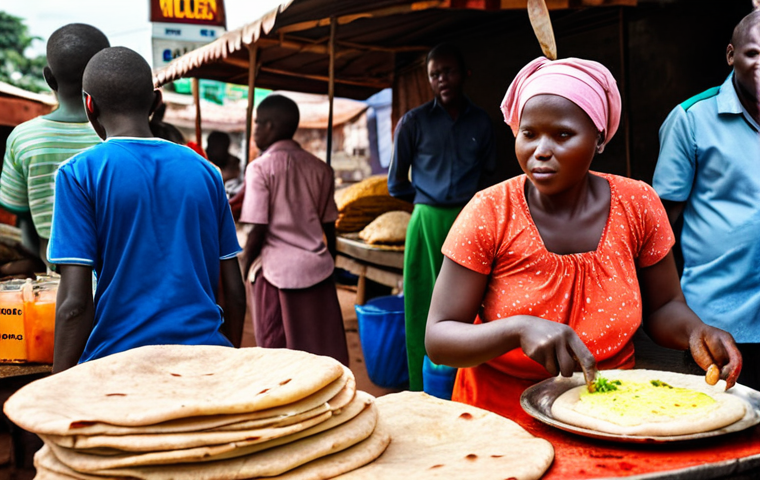 A vibrant street food scene in Kampala, Uganda. Focus on matoke being prepared and a "Rolex" (chapati with egg and veggies) being sold. Capture the energy and colors of the market.