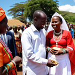 Kenyan Engagement Ceremony**

*Prompt:* A vibrant Kenyan engagement ceremony. The groom's family presents gifts, including a goat and a cow, to the bride's family. Traditional attire, showcasing colorful fabrics and beadwork.  Families gathered, negotiating the bride price under a sunny sky.  A sense of respect and tradition in the air. Focus on the cultural exchange and family bonding.

**