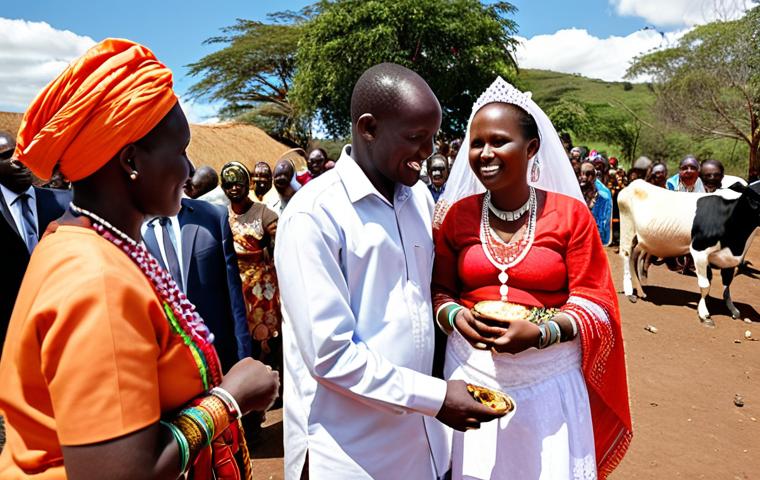 Kenyan Engagement Ceremony**
*Prompt:* A vibrant Kenyan engagement ceremony. The groom's family presents gifts, including a goat and a cow, to the bride's family. Traditional attire, showcasing colorful fabrics and beadwork. Families gathered, negotiating the bride price under a sunny sky. A sense of respect and tradition in the air. Focus on the cultural exchange and family bonding.
**