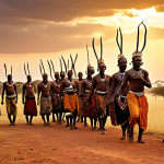 A vibrant portrayal of the Nandi people in the heart of Africa, showcasing their profound connection to ancestral lands. Nandi warriors in traditional attire performing an ancient ritual dance against the backdrop of a breathtaking African savanna at sunset. Emphasize cultural heritage, resilience, and the spirit of the land. Golden hour, dynamic composition, rich earthy tones, highly detailed, spiritual atmosphere, epic, cinematic.