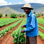 Rural Farming Innovation**

A Kenyan farmer, fully clothed in practical work attire and a hat, demonstrating modern irrigation techniques (drip irrigation) in a field of drought-resistant crops. Background: rolling hills in a rural Kenyan setting. Focus on sustainable agriculture and water conservation. Safe for work, appropriate content, modest clothing, family-friendly, perfect anatomy, correct proportions, natural pose, professional, high quality.

**