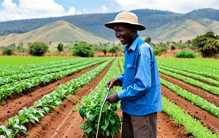 Rural Farming Innovation**
A Kenyan farmer, fully clothed in practical work attire and a hat, demonstrating modern irrigation techniques (drip irrigation) in a field of drought-resistant crops. Background: rolling hills in a rural Kenyan setting. Focus on sustainable agriculture and water conservation. Safe for work, appropriate content, modest clothing, family-friendly, perfect anatomy, correct proportions, natural pose, professional, high quality.
**