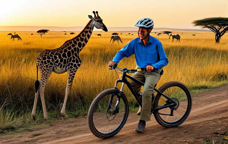 케냐에서 자전거 여행하기 - **
A cyclist, fully clothed in modest outdoor apparel (khaki pants, long-sleeved shirt, helmet), ri...